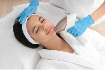Beautician epilating woman's face in salon, closeup