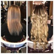 Before and after hair extensions, longer and thicker.